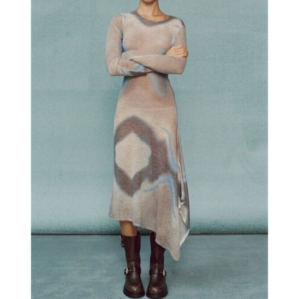 Neutral Tie-Dye Long Sleeve Midi Dress